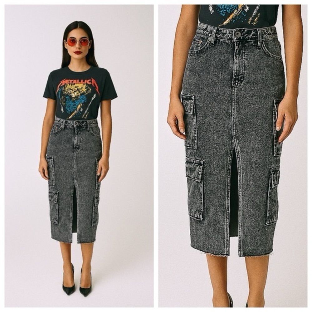 True Religion Charcoal Grey Denim Cargo Midi Skirt